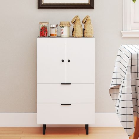Buffet à 2 Portes avec Tiroirs et Rangement Meuble Bar sur Pied avec Pieds en Métal Vitrine Blanc (1/3)