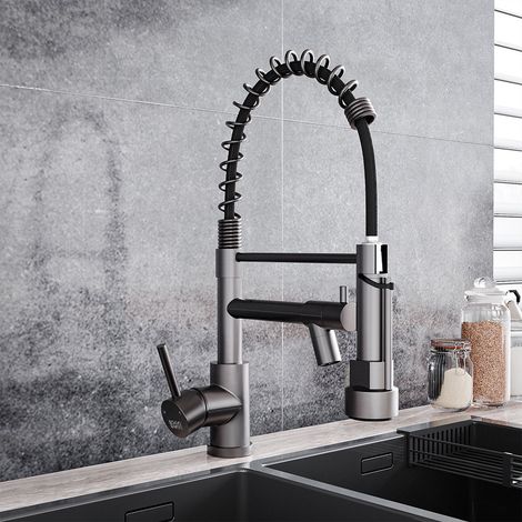 Grey Stainless Steel Kitchen Faucet with Pull Down Spring Spout Single Hole Faucet, Grey