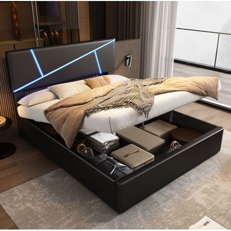 Cama dormitorio con almacenaje LED negra OKMYHOME (1/5)
