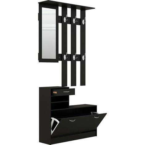 Ensembles 3 en 1 de meuble d'entrée vestiaire avec panneau porte-manteau, miroir et banc à chaussures - 6 crochets et étagère réglable, noir
