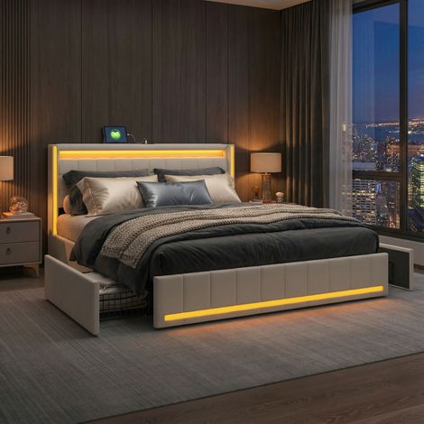 Lit 140x190 cm avec 4 tiroirs, lit adulte capitonné, sommier à lattes, éclairage LED réglable, deux ports USB/C, style scandinave, Lin - Beige