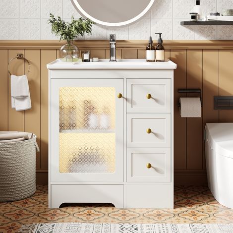 Meuble-lavabo de salle de bains, avec pédale dissimulée, vasque en céramique lisse, éclairage LED, verre dépoli et poignées dorées,blanc