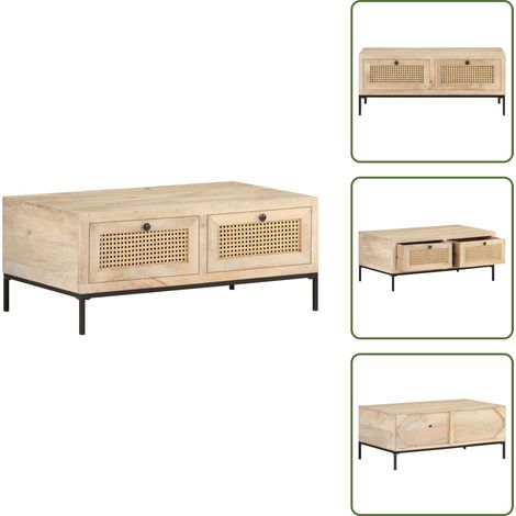 Table basse 90x50x37 cm Bois de manguier et canne naturelle - Table Basse - Meuble Rustique - Bois De Manguier - Design Vintage - Table D'appoint (1/5)