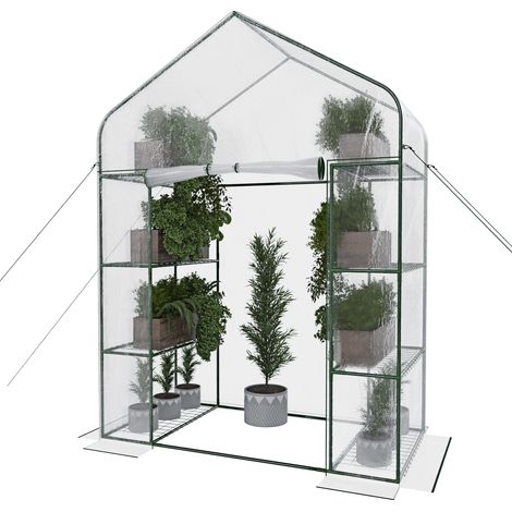 Serra Da Giardino Per Orto Con 8 Ripiani In Metallo Telaio A Casetta In Acciaio Telo Trasparente In PVC Porta Avvolgibile Apertura A Cerniera Protezione Piante Giardinaggio 143 x 74 x 195 Cm (1/5)