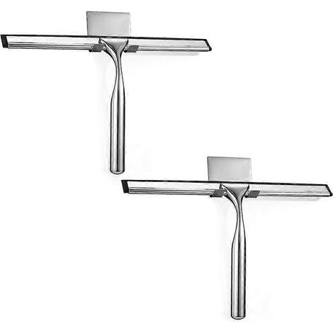 Lot de 2 raclettes/nettoyeurs de douche multifonctions avec crochet adhésif, en acier inoxydable. Peut également servir de nettoyeur de vitres. (1/5)
