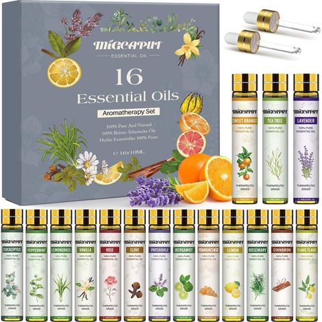 Kit Huiles Essentielles 16 X 10ML, Huiles Essentielles 100% Naturelle pour Diffuseur, Huiles Essentielles Aromathérapie pour SPA, Massage, Bain - Lavande, Romarin, Cannelle, Bergamote, Rose (1/5)