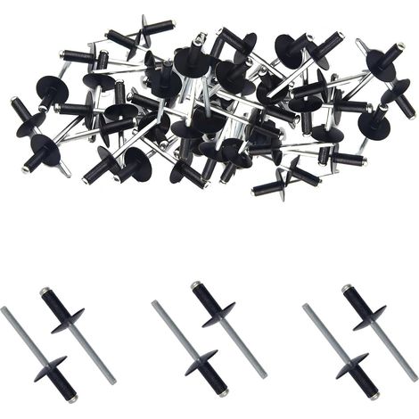 50 Pièces Aluminium pour Pince a Rivet, Rivets Aveugles en Aluminium à Large Aile 4,8 MM x 12 MM, Rivets Plaque Immatriculation, Rivets à Bout Ouvert, pour Applications Projets DIY (Noir, M4.8 12) (1/5)