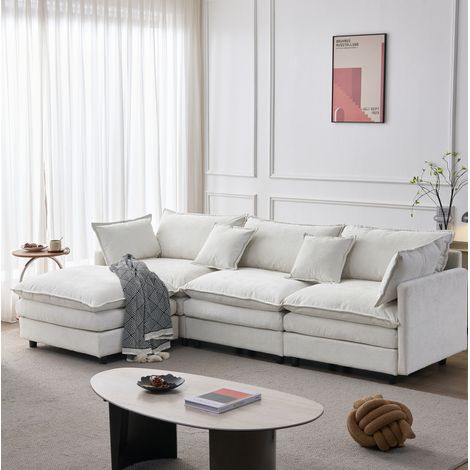 Sofá esquinero modular de 3 plazas, con reposapiés móvil, montaje sin herramientas, chenilla beige (1/5)