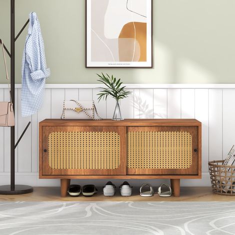 Rattan-Schuhschrank mit 2 Türen und verstellbarem Einlegeboden, Walnussfarbe, elegantes Design für Flur, Wohn- oder Schlafzimmer, 104 x 40 x 48 cm