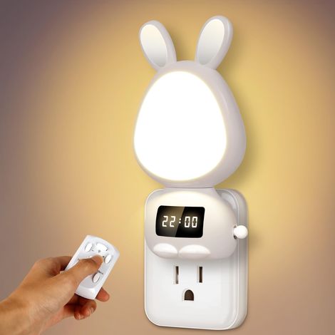 Veilleuse avec télécommande, prise murale, minuterie LED dimmable 3 couleurs, horloge intégrée, décoration chambre bébé enfant, cadeau mignon (1/5)