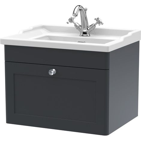 Nuie Classique Satin Soft Black 600mm Wall Hung Single Drawer Vanity Unit and 35mm Profile Traditional Basin - CLC1494F (1/5)