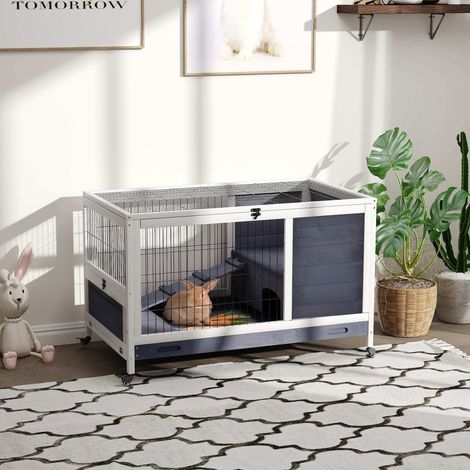 Jaula para conejos y cobayas con 4 ruedas, casita, rampa y bandeja extraíble, madera natural, gris y blanco, 90x53x59 cm