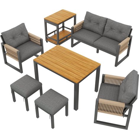 Garten-Lounge-Set mit abnehmbarem Tisch, Eisen und geflochtenen Seilen, Grau/Natur (1/5)