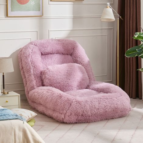 Canapé paresseux lit pour humain - 102x89x88 cm - Dossier réglable 5 positions peluche avec coussin - Rose (1/5)