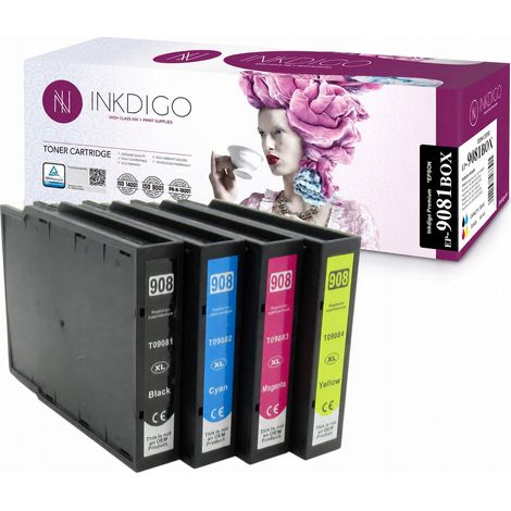 Inchiostro Inkdigo T9081-T9084 compatibile con la stampante Epson WorkForce Pro WF-6090D2TWC, certificato TÜV. (1/4)