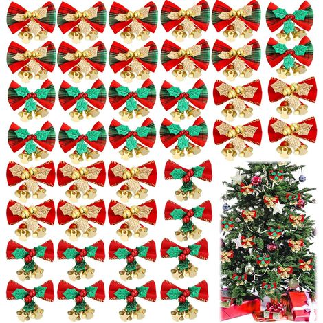 Mini nœuds de Noël, 5 cm de long, avec clochettes, parfaits pour les loisirs créatifs, les couronnes de Noël, etc. (40 par paquet) (1/5)