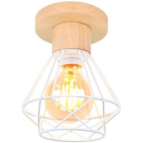 Plafonnier Industriel, 16CM Vintage Luminaire E27 Rétro Lustre Suspension en Fer et Bois Cage Design Lampe de Plafond Blanc pour Entrée Couloir Chambre Cuisine, 1 Pack (1/5)