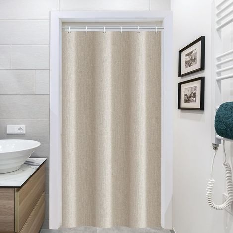1 Rideau De Douche, Aspect Lin Beige, Textile Hydrofuge, 100x200 Cm, Avec Crochets, Pour Salle De Bain