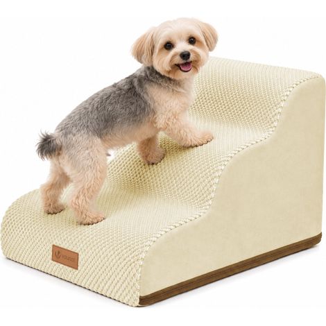 VOUNOT® Escalera para Perros 3 Peldaños 40x57x40cm Rampa para Perros Espuma Alta Densidad para Cama Sofá, Cachorros y Mascotas Mayores Antideslizante Funda Lavable Beige (1/5)