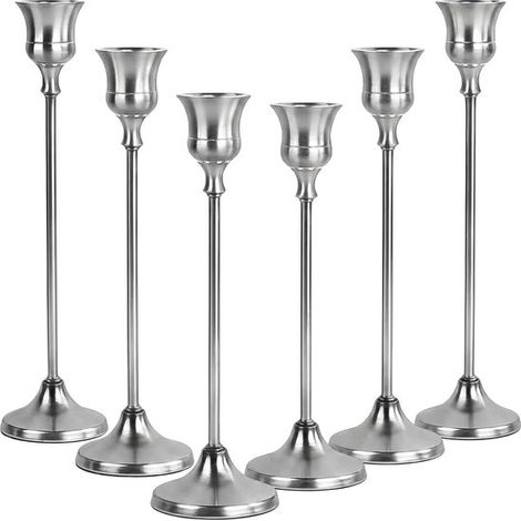 Lot de 6 bougeoirs argentés – Trois hauteurs 16/19/23 cm – Pour bougies coniques – Décoration métal – Mariage, Noël et maison (1/5)