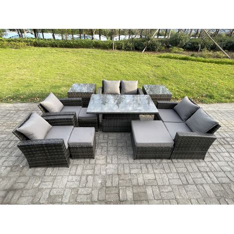 Fimous Outdoor Garden Furniture Sets 10 Pieces Wicker Rattan Furniture Sofa Dining Table Set with 3 Footstools 2 Side Tables Dark Grey Mixed (1/5)