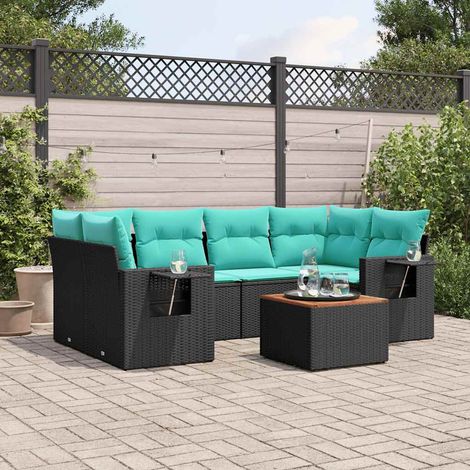 7-teiliges Gartensofa-Set mit Kissen, schwarzes Polyrattan (1/5)