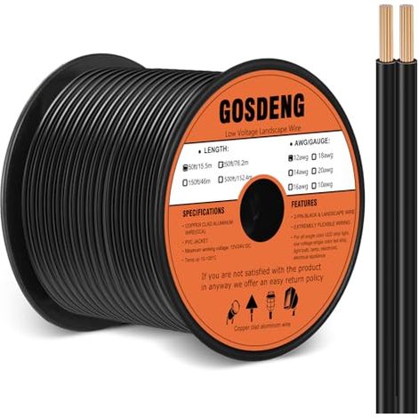 Cable d'éclairage paysager basse tension 12/2 de 15,2 m - Calibre 12 - 2 conducteurs - Fil basse tension pour lumières d'aménagement paysager, aluminium plaqué de cuivre à enfouissement direct