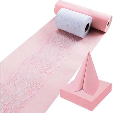 Chemin de table en non-tissé Blush Rosé 30 cm x 35 m - Chemin de table rose avec rubans de dentelle décoratifs blancs et serviettes - Ensemble de décoration de table pour baptême, communion (1/5)