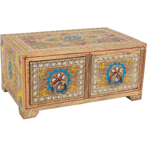 Caja joyero de madera pintado artesanal de 2 cajones marrón 23x14x10h