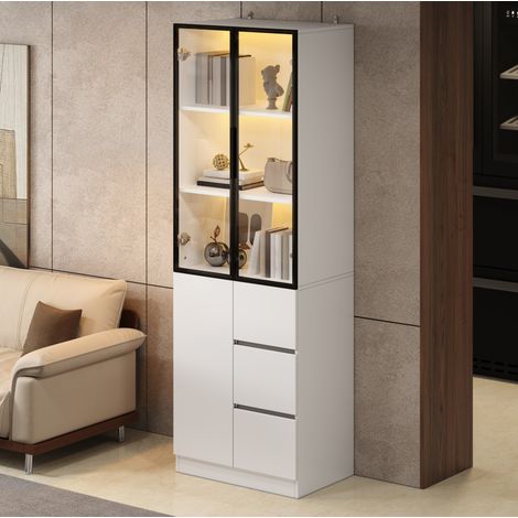 Vitrine LED contrôlable par application, portes vitrées et tiroirs, panneaux de particules blanc, 60x40x180 cm (1/5)