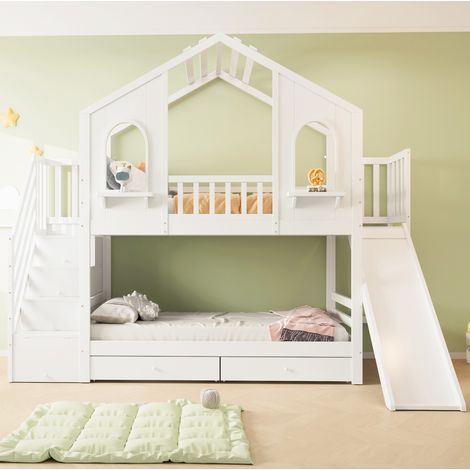 Kinder-Etagenbett 90 x 200 cm aus weißem Holz mit Rutsche, Stauraumtreppe und Schubladen (1/5)