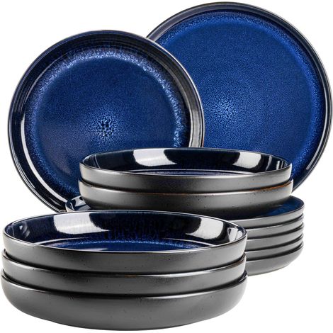 Série Niara Service de table moderne pour 6 personnes au look vintage excitant - Service de table 12 pièces en céramique bleu et noir - Grès (1/5)