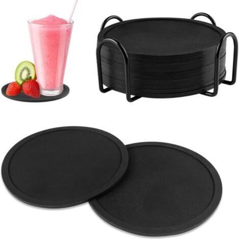 Lot de 12 dessous de verre en silicone avec support, dessous de verre noirs avec rainures, dessous de verre ronds pour tasses à café ou à bière, tasses à thé, boissons, plantes et bars (1/5)