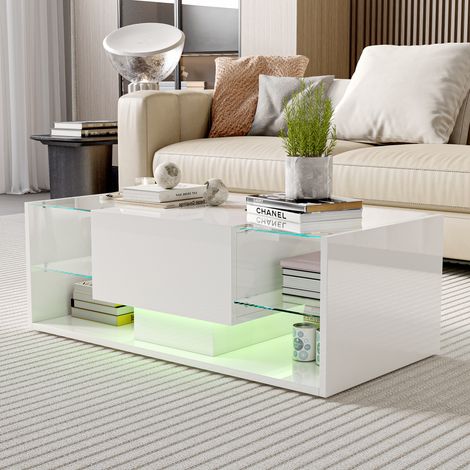 ADWOLT Table basse brillante avec LED-Table d'Appoint avec tiroir - Plateau en verre -Table de salon -100 x 50 x 35 cm-Blanc
