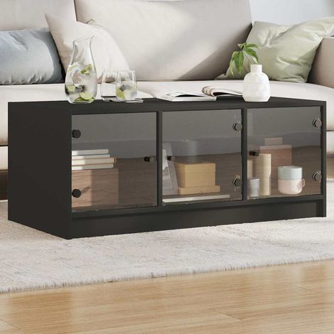 Table basse avec rangement et portes vitrées noires en bois d’ingénierie 102 x 50 x 42 cm - PANGIVO (1/5)