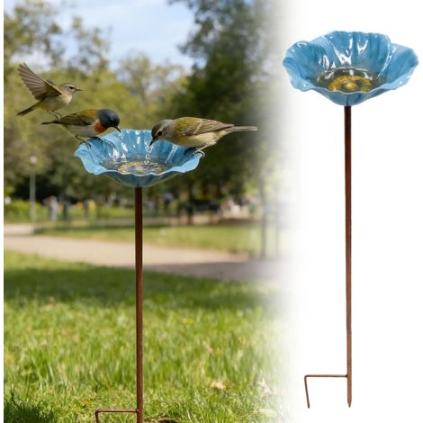 Mangeoire à oiseaux bleu ciel sur piquet (forme de fleur) – Abreuvoir à oiseaux extérieur en métal (14 x 14 x 63 cm) – Ornement décoratif de jardin pour nourrir les oiseaux et leur fournir de l'eau (1/3)