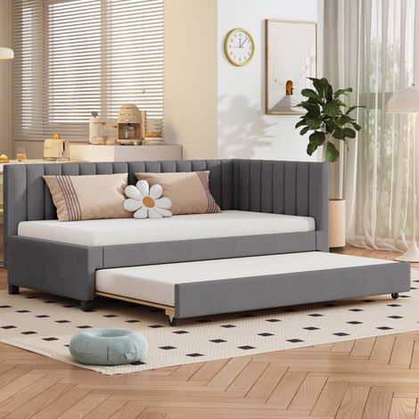 Bett Polsterbett ausziehbar 90x200 Samt Grau OKMYHOME (1/5)