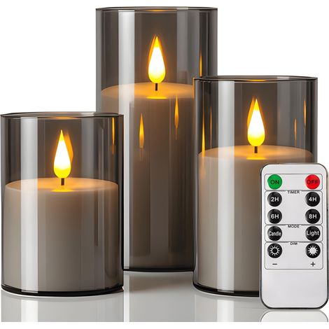 XEPHO Lot de 3 bougies LED sans flamme vacillantes, acrylique incassable, à piles, mèche 3D, minuterie et télécommande, diamètre 7,6 cm x hauteur 10,2 cm x 12,7 cm x 15,2 cm, gris (1/5)