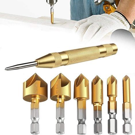 Forets Chanfrein,Fraises à Surfacer,Tête à Chanfreiner Outils, 6 PCS 1/4 '' Hex Shank HSS 5 90 Degree Poinçonner pour Bois Quick Change (1/5)