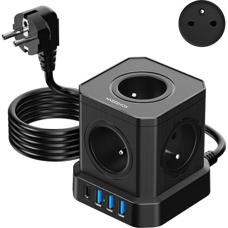 Cube Multiprise 5 Prises avec 3 USB A Ports +1 USB C PD20W Ports  Multiprise Parafoudre avec Interrupteur, (16A/4000W) Bloc Multiprise Electrique Câble 2M pour Maison Bureau,Voyage (Noir) (1/5)