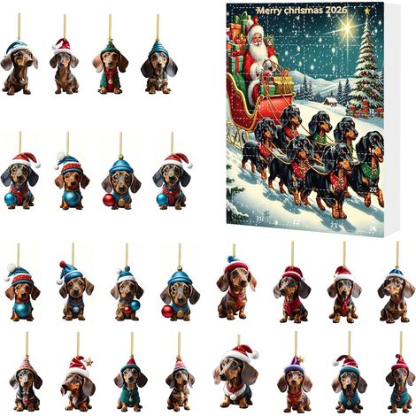 Calendrier de l'Avent de Noël, boîte surprise, pendentif décoratif en acrylique, motif teckel, cadeau surprise des fêtes, design plat 2D I (1/2)