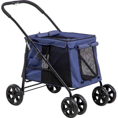 Chariot pour chien avec coussin, 3 poches latérales, pliable, dimensions : 102 cm x 62 cm x 105 cm, bleu