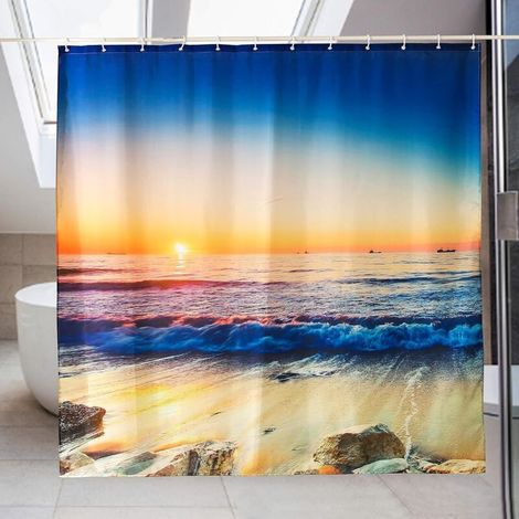 Rideau de Douche Anti Moisissure Imperméable Rideau de Salle de Bain avec 12 Crochets Tissu en Polyester, Rideau pour Salle de Bain Mer Crépuscule 182x182cm (1/5)