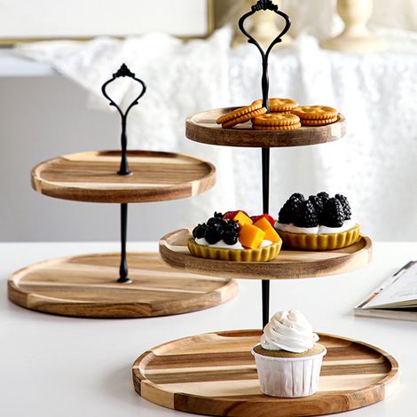 Présentoir à desserts en bois, écologique et vintage, plateau de présentation pour gâteaux, fruits et autres gourmandises, noir couronne, 3 niveaux (1/5)