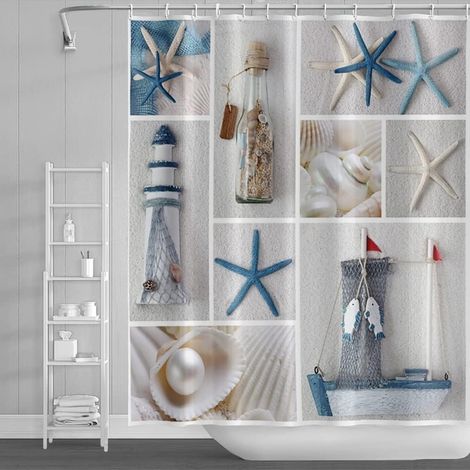 Océan Plage Rideau de Douche Nautique Marin Étoile de mer Coquillages Rideau de Bain Mer Monde Bouteille à la dérive Épissage Rideau de Baignoire pour Salle Bains 180x213cm avec Crochets (1/5)
