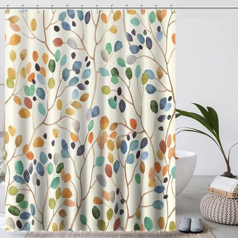 180x200 Rideau de douche anti-moisissure Rideau de douche beige Lavable en machine Motif botanique coloré Avec trous Tissu pour rideau de douche Rideau de salle de bain Avec 12 crochets (1/5)