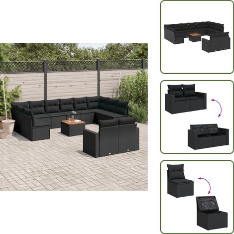 The Living Store Salon de jardin avec coussins 13 pcs noir résine tressée - Ensemble Salon De Jardin - Mobilier De Jardin - Canapé Extérieur - Set De Jardin - Chaise Lounge