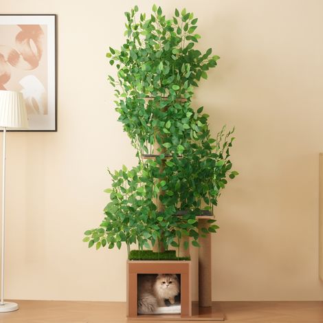 Arbre à Chat 190 cm Forme d’Arbre – 4 Plateformes, Trous pour Chat, Feuilles Amovibles MDF Résistant & Anti-Basculement (1/5)