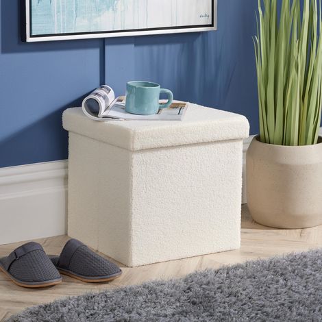 Folding Ottoman Cream Boucle Teddy Bear Fabric Chest Solid Storage Square Box
