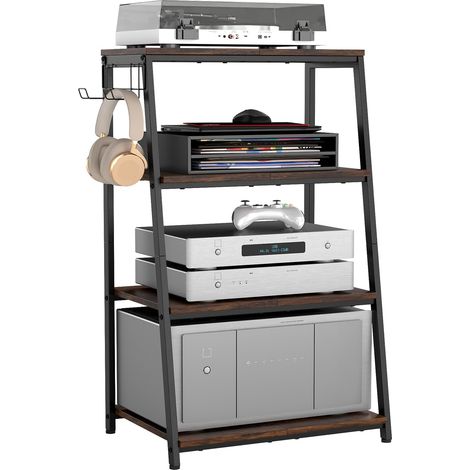 Meuble à 4 Etagères Support pour Platine Vinyle avec Crochet pour Casque Audio,Platine Vinyle,Tourne Disque,Étagère Multimédia en Bois pour la Maison, Bureau (1/5)